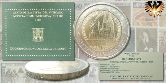 2 Euro Münze aus dem Vatikan in Normalprägung von 2005, in grüner Klappkarte