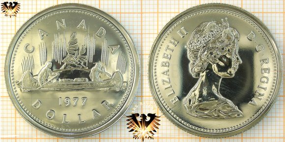 1 $, 1 Canadian Dollar, 1977, Elizabeth II, Voyageur, Pelztransporteure im Kanu, Kursmünze