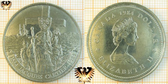 1 $, 1 Canadian Dollar, 1984, Elizabeth II, 450 Jahre Landung von Entdecker Jacques Cartier in Neufundland, 1534-1984, Nickel