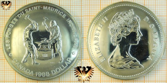 1 $, 1 Canadian Dollar, 1988, Elizabeth II, LES FORGES DU SAINT MAURICE IRONWORKS 1738, Schmiede, Silbermünze