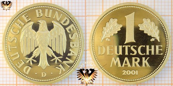 1 DM, 2001, 1 Goldmark, Gedenkmünze die letzte deutsche Mark 2001 in Gold, Bundesbank Deutschland, A, D, F, G, J - Ankauf Verkauf - Preis - Wert. Mit Bilder der Münze in original Kapsel.