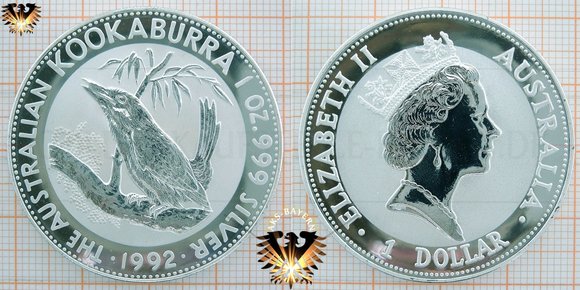 Der Australische Silberdollar von 1992. Beliebte Anlage-Bullion-Münze - 1 oz. 999 Silver Kookaburra