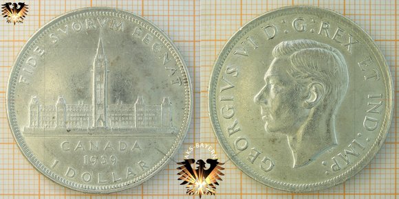 1 $, 1 Canadian Dollar, 1939, Georgius VI (George der 6.), FIDE SVORVM RECNAT, Silbermünze