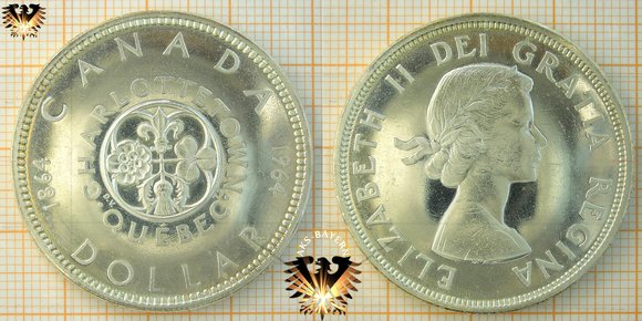 1 $, 1 Canadian Dollar, 1964, Elizabeth II, DEI GRATIA REGINA - Charlottetown Quebec, Silbermünze