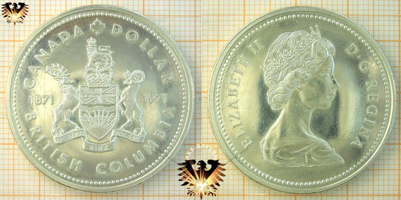 1 Dollar, Canada Dollar, 1971, Elizabeth II, 100 Jahre British Columbia Comemmorative, 1871-1971 © aukauf.de 