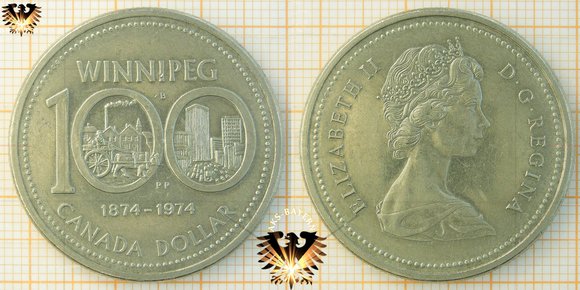 1 $, 1 Canadian Dollar, 1974, Elizabeth II, Winnipeg Centennial, 100 Jahre, 1874-1974, Nickel