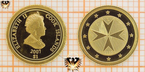 1 Dollar, Cook Islands, 2007, Malta 2008 - Malteserkreuz (Kompass), Gold
