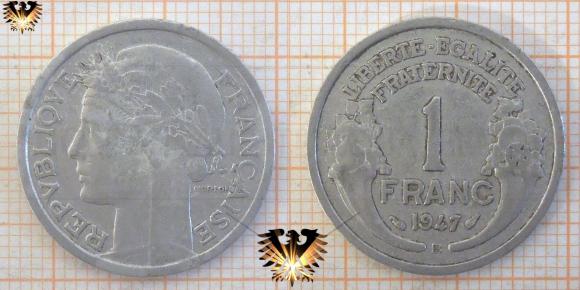 1 ₣ Umlaufmünze aus Frankreich aus der Zeit der provisorische Regierung 1944-1947 mit 2 großen Füllhörnern.