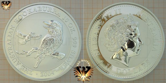 10 AUD, 10 Dollars, 2004, Australian Kookaburra, 10 oz. Silver © aukauf.de 