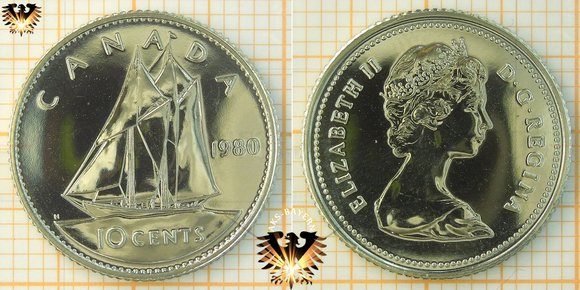 10 Cents, Dime, Canada, 1980, Elizabeth II, Schooner, 1965-1966, Umlaufmünze