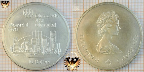 10 Dollars, Canada, 1973, Elizabeth II, XXI Olympiad Montréal 1976, Series I, Montréal Skyline © aukauf.de 