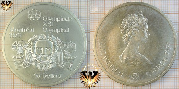 10 $, 10 Canadian Dollars, 1974, XXI Olympiade Montréal Olympics 1976, Serie II, Zeus mit Fackeln, Silbermünze