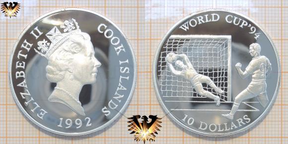 Silbermünze, im Wert von 10 Dollar, 1992 Cookinseln. Die XV. Fußball-Weltmeisterschaft im Fußball, USA 1994. 
Torhüter hält Schuss, Torszene.
