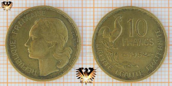 10 Francs, 1952, Frankreich, Geldmünze, IV. Republik, Marianne mit Kranz © aukauf.de 
