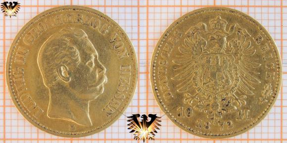 10 Goldmark, 1 Krone Münze von 1872 H, Ludwig III Grosherzog von Hessen. © AuKauf.de