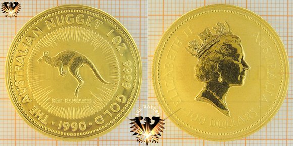 100 Australian Dollars (australische Dollar), 100 $, 1990, Australian Nugget, Rotes Känguru - 1 Unze Feingoldmünze, Bullionmünze