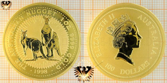 100 Australian Dollars (australische Dollar), 100 $, 1998, Australien, Two Kangaroos (Zwei Kängurus), 1 Unze/oz. Gold, Australian Nugget, Goldmünze, Anlagemünze