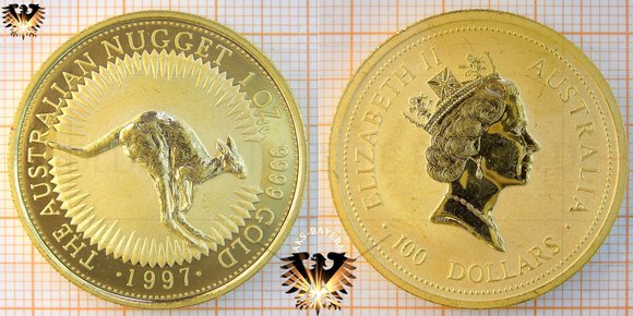 Anlagemünze: AUS, 100 Dollars, 1997, The Australian Nugget, Kangaroo, Känguru 1 oz Fine Gold, Goldmünze, Bullionmünze