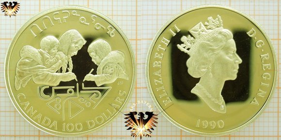 100 CAD Canadian Gold Dollars 1990 mit Inuit Eskimo Familie, Elizabeth II D.G. Regina in Original Verpackung