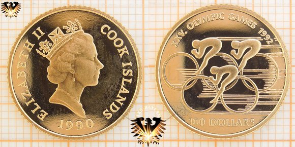 100 Dollars, Cook Islands, 1990, XXV Olympic Games 1992 Goldmünze © aukauf.de 
