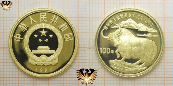 100 元 / Yuan, Goldmünze aus China von 1986 aus der Serie: 
25 Jahre WWF - Wild Yak