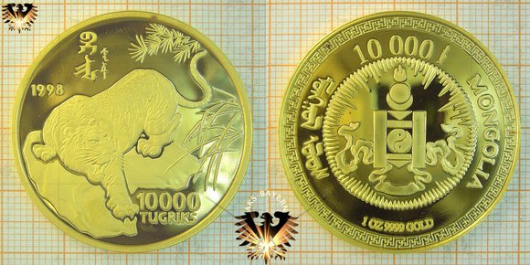 10000 Tugriks, Mongolei, 1998, Gefährdete Tierwelt - 1 Unze Feingoldmünze