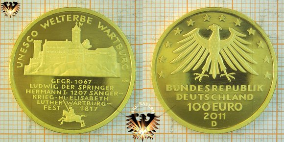 100 €, 100 Gold-Euro, BRD, 2011, D, Unesco Welterbe Wartburg - halbe Unze Gold