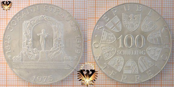 100 Schilling (ATS), Österreich, 1975, Johann Strauss, 1825 - 1899