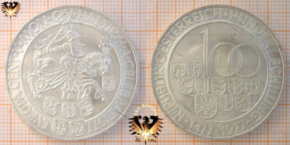 100 Schilling (ATS), Österreich, 1977, Europa Cent, 500 Jahre Münze in Hall