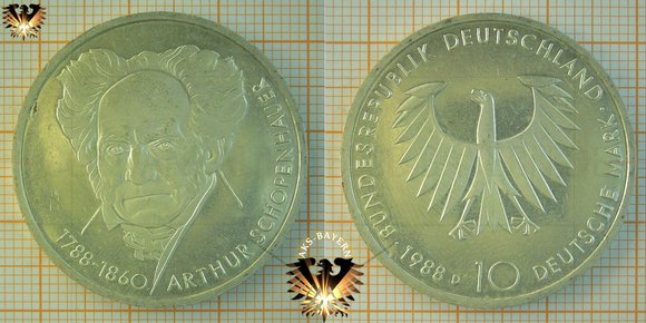 10 DM, BRD, 1988 D, Arthur Schopenhauer 1788-1860 Gedenkmünze aus Silber © AuKauf.de
