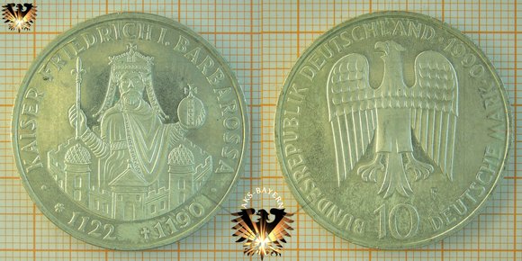 10 DM, BRD, 1990 F, Kaiser Friedrich I. Barbarossa, 1122-1190 © AuKauf.de