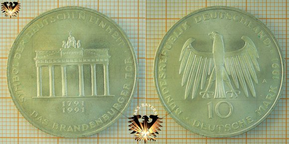 10 DM, BRD, 1991 A, Das Brandenburger Tor - Symbol der Deutschen Freiheit 1791-1991 © AuKauf.de