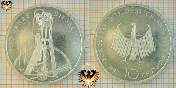 10 DM, BRD, 1997 F, 100 Jahre Dieselmotor - 625er Silber Münze © AuKauf.de