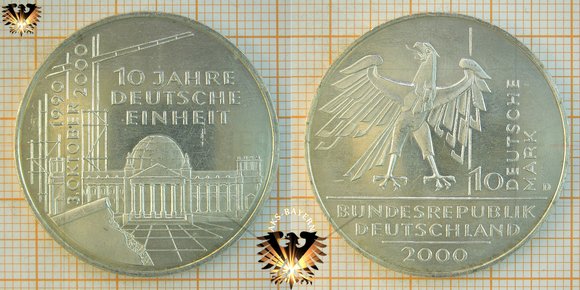 10 DM, BRD, 2000 D, 10 Jahre Deutsche Einheit - Silbermünze © AuKauf.de