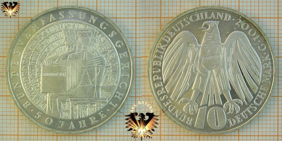 10 Deutsche Mark, Bundesrepublik Deutschland, 2001 G. 50 Jahre Bundesverfassungsgericht - Grundgesetz. Randschrift: IM NAMEN DES VOLKES.