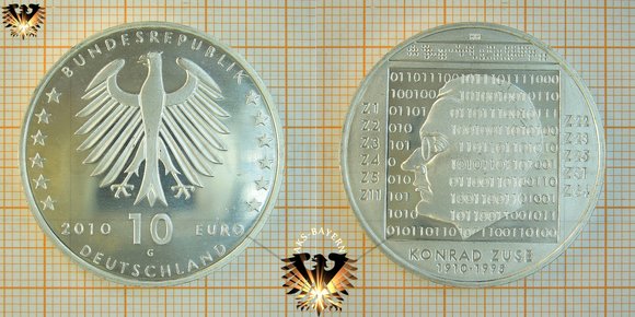 10 Euro, 2010G, BRD, Deutschland, Gedenkmünze zum 100. Geburtstag von Konrad Zuse, 1910-1995, Silbermünze