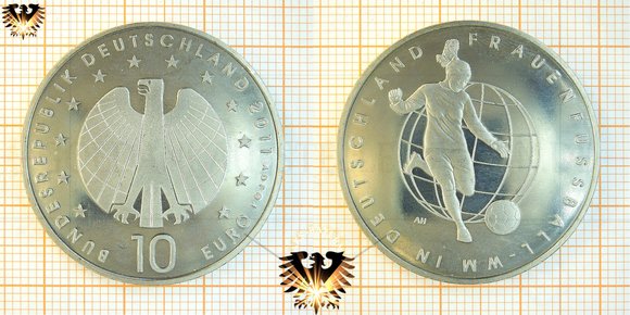 10 Euro, 2011 G, BRD, Deutschland, Gedenkmünze zur Fußballweltmeisterschaft der Frauen, Silbermünze © AuKauf.de
