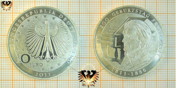 10 Euro 2011, Deutschland, Gedenkmünze zum 200. Geburtstag Franz Liszt, 1811-1886. Erste deutsche Euromünze in Silber 625.