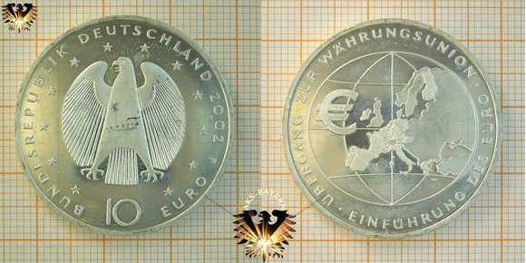 10 Euro, BRD, 2002, F, Übergang zur Währungsunion, Einführung des Euro - erste 10 € Gedenkmünze der BRD