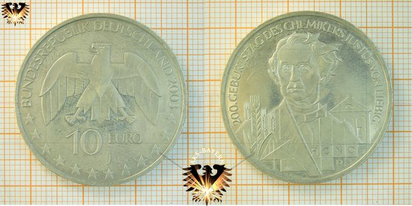 10 €, BRD, 2003, J, 200. Geburtstag des Chemikers Justus von Liebig, Silbergedenkmünze und Numisblatt 2/2003 © aukauf.de 