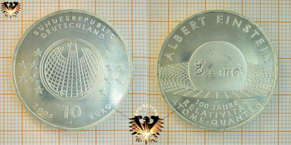 10 €, BRD, 2005, J, Albert Einstein, 100 Jahre Relativität Atome Quanten © aukauf.de 
