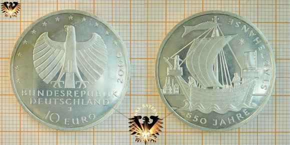 10 €, BRD, 2006, J, 650 Jahre Städtehanse Silbergedenkmünze © aukauf.de 