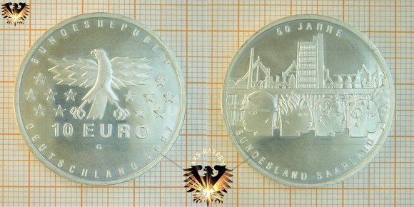 10 €, BRD, 2007, G, 50 Jahre Bundesland Saarland, Silbermünze und Numisblatt 1/2007 © aukauf.de 