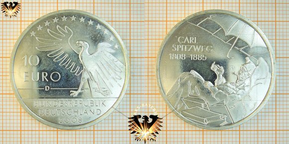 10 Euro, BRD, 2008, D, Gedenkmünze zum 200. Geburtstag von Carl Spitzweg, 1805-1855, Silbermünze, Numisblätter