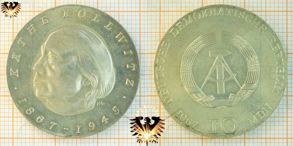 10 Mark, DDR, 1967, Käthe Kollwitz, 1867-1945, MDN © AuKauf.de