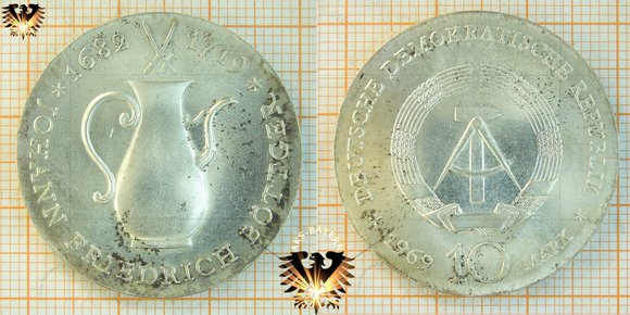 10 Mark, DDR, 1969, Johann Friedrich Böttger, Gedenkmünze zum 250. Todestag, 1682-1719
