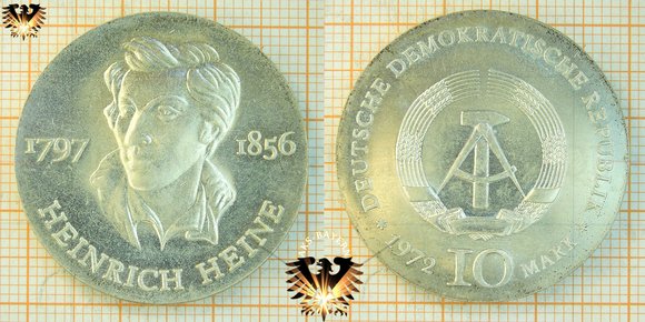 10 Mark, DDR, 1972, Heinrich Heine, Gedenkmünze zum 175. Geburtsjubiläum, 1797-1856