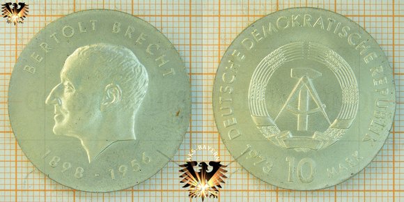 10 Mark, DDR, 1973, Bertolt Brecht, 1898-1956, Gedenkmünze zum 75. Geburtsjubiläum