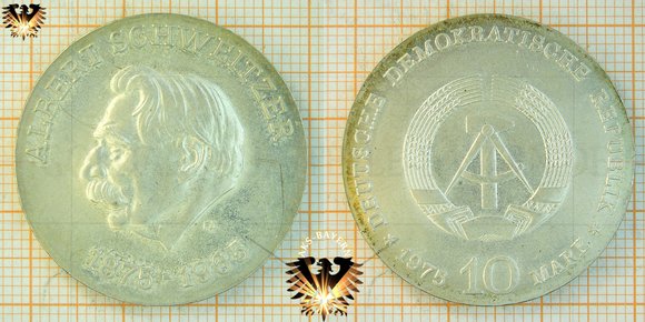 10 Mark, DDR, 1975, Albrecht Schweitzer, 1875-1965 © AuKauf.de
