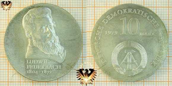 10 Mark, DDR, 1979, Ludwig Feuerbach, 1804-1872 © AuKauf.de